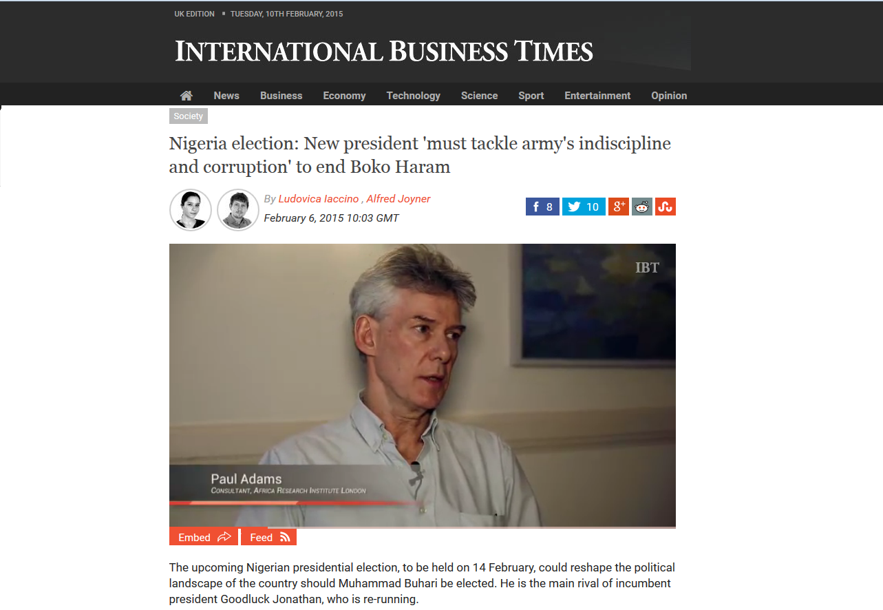 Africa Research Institute's Paul Adams interviewd about Nigeria's politics on the International Business Times