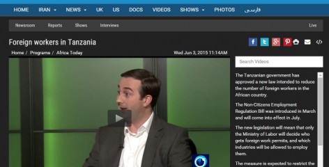 Press TV's Africa Today interviewed Africa Research Institute's senior researcher, Nick Branson, on their programme about foreign workers in Tanzania