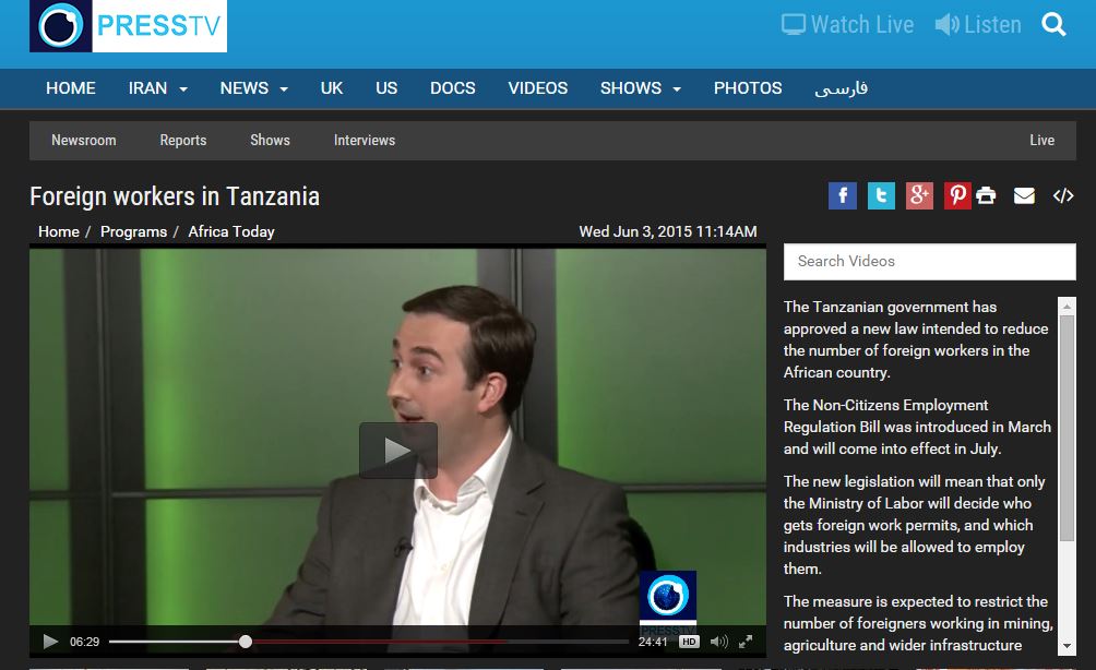 Press TV's Africa Today interviewed Africa Research Institute's senior researcher, Nick Branson, on their programme about foreign workers in Tanzania